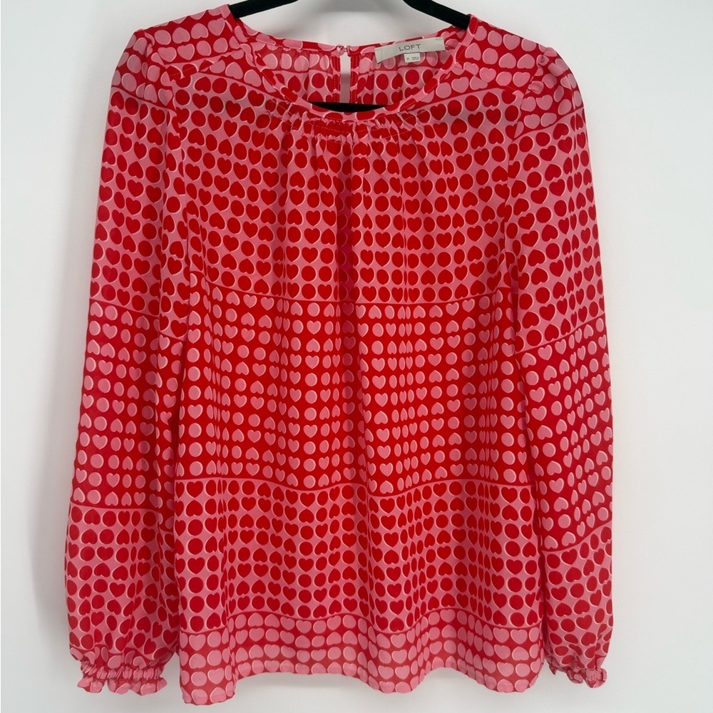 LOFT Red Heart Print Sheer Blouse Long Sleeve M